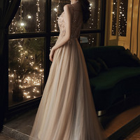 Stylish V-neck tulle beaded long prom dress evening dress - Thumbnail 1