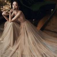 Stylish V-neck tulle beaded long prom dress evening dress - Thumbnail 4