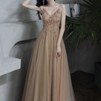 Stylish V-neck tulle beaded long prom dress evening dress - Thumbnail 6