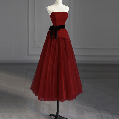 Burgundy velvet tulle short prom dress homecoming dress - Thumbnail 2