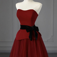 Burgundy velvet tulle short prom dress homecoming dress - Thumbnail 1