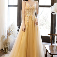 Yellow tulle lace long prom dress A-line evening dress - Thumbnail 2