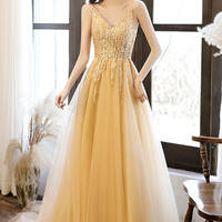Yellow tulle lace long prom dress A-line evening dress - Thumbnail 3