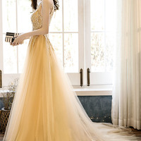 Yellow tulle lace long prom dress A-line evening dress - Thumbnail 4