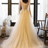 Yellow tulle lace long prom dress A-line evening dress - Thumbnail 5