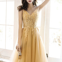 Yellow tulle lace long prom dress A-line evening dress - Thumbnail 6