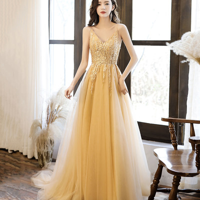 Yellow tulle lace long prom dress a-line evening dress - Thumbnail 1
