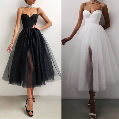 Tea length prom dresses slit side spaghetti straps - Thumbnail 2