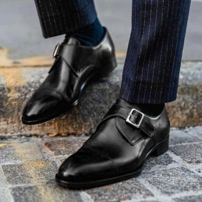 Handmade pure black monk strap leather cap toe shoes for men - Thumbnail 2