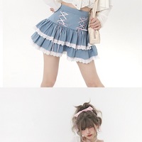 Jeans Denim Pink Lace High Waist Short Skirt - Thumbnail 1