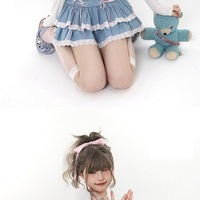 Jeans Denim Pink Lace High Waist Short Skirt - Thumbnail 3