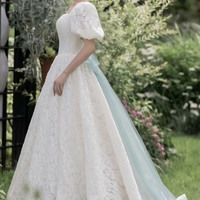 White lace long prom dress A-line evening dress - Thumbnail 2