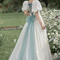 White lace long prom dress A-line evening dress - Thumbnail 3