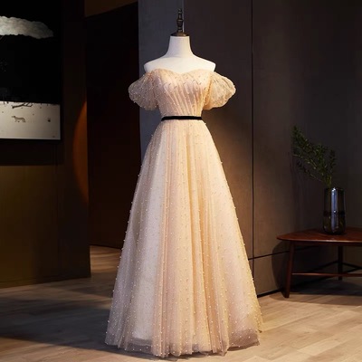 Champagne tulle long prom dress a-line evening dress - Thumbnail 2