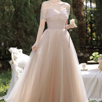 Pink tulle long prom dress A-line evening dress - Thumbnail 2