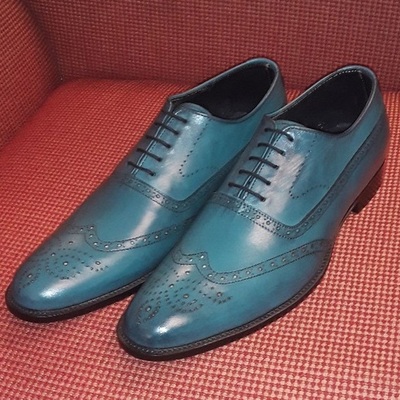 Hot sale handmade blue wingtip style leather lace up shoes - Thumbnail 4