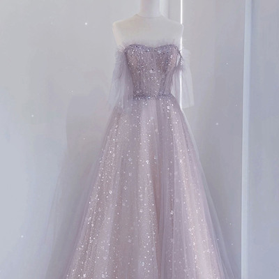 Purple tulle sequins long prom dress evening dress - Thumbnail 1