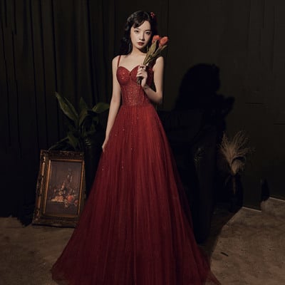 High quality sequin long prom dress burgundy evening dress - Thumbnail 2