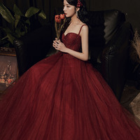 High quality sequin long prom dress burgundy evening dress - Thumbnail 1