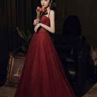 High quality sequin long prom dress burgundy evening dress - Thumbnail 3
