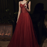 High quality sequin long prom dress burgundy evening dress - Thumbnail 6