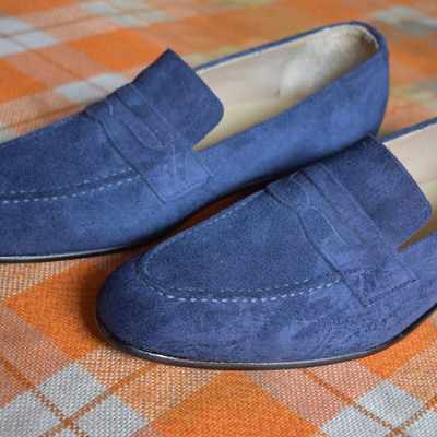 Hot sale men's hand stitch attractive shoes, navy blue moccasin genuine suede shoes