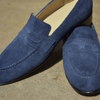 Hot Sale Men's Hand Stitch Attractive Shoes, Navy Blue Moccasin Genuine Suede Shoes - Thumbnail 2