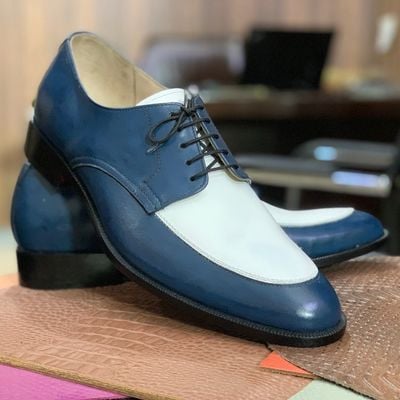 Men's two tone handmade lace up derby leather shoes, apron toe dress leather shoes