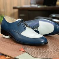 Men's Two Tone Handmade Lace Up Derby Leather Shoes, Apron Toe Dress Leather Shoes - Thumbnail 2