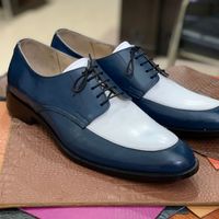 Men's Two Tone Handmade Lace Up Derby Leather Shoes, Apron Toe Dress Leather Shoes - Thumbnail 3