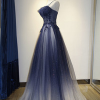 Blue tulle sequins long prom dress blue evening dress - Thumbnail 2
