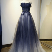 Blue tulle sequins long prom dress blue evening dress - Thumbnail 4
