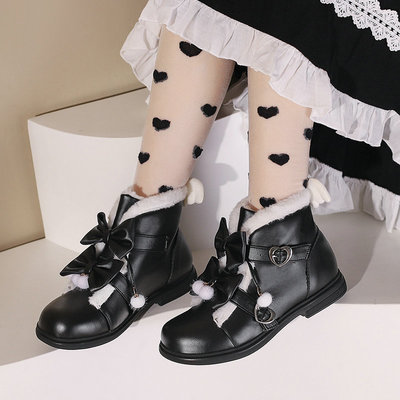 Kawaii Bowknot Heart Buckle Fleece Boots