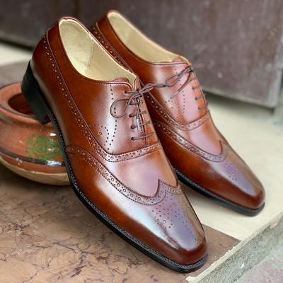 Oxford handmade wing tip brogue leather lace up men's shoes