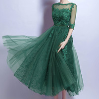 Green tulle lace short prom dress homecoming dress - Thumbnail 1