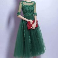 Green tulle lace short prom dress homecoming dress - Thumbnail 4