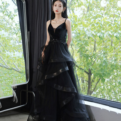 Black v-neck tulle long prom dress a-line evening dress - Thumbnail 2