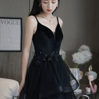Black V-neck tulle long prom dress A-line evening dress - Thumbnail 1