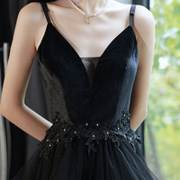 Black V-neck tulle long prom dress A-line evening dress - Thumbnail 2