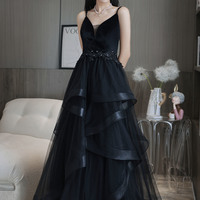 Black V-neck tulle long prom dress A-line evening dress - Thumbnail 3