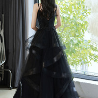 Black V-neck tulle long prom dress A-line evening dress - Thumbnail 4