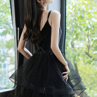 Black V-neck tulle long prom dress A-line evening dress - Thumbnail 5