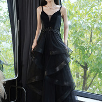 Black V-neck tulle long prom dress A-line evening dress - Thumbnail 6