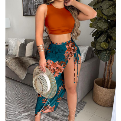 Fashion sexy contrast print sleeveless two-piece dress - Thumbnail 1