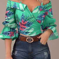 Long Sleeve Women's One Shoulder Print Top - Thumbnail 1