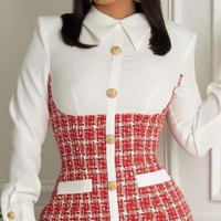 Elegant Red Long Sleeve Houndstooth Splicing Dress - Thumbnail 2