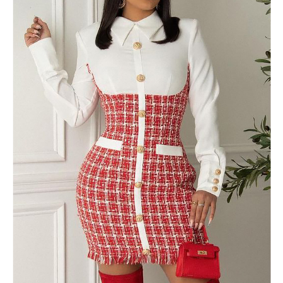 Elegant Red Long Sleeve Houndstooth Splicing Dress