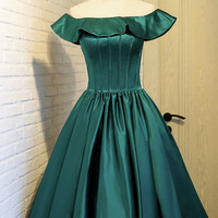 Green satin short prom dress A-line homecoming dress - Thumbnail 2
