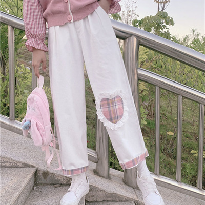Japanese soft girl cute white heart plaid embroidery white pink high waist wide legs trousers pants - Thumbnail 3