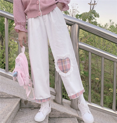 Japanese Soft Girl Cute White Heart Plaid Embroidery White Pink High Waist Wide Legs Trousers Pants